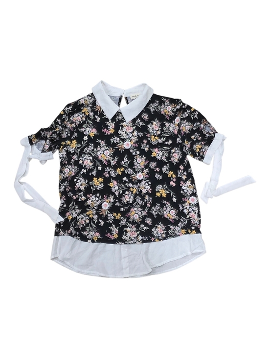 Faith and Joy Tops - Faith And Joy Black Floral Collared Top With White Trim And Tie Sleeves S